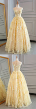Long Prom Dresses Scoop A-line Floor-length Lace Sexy Yellow Prom Dress JKL545