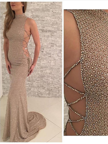 Sexy Prom Dresses High Neck Sheath/Column Rhinestone Long Prom Dress Evening Dress JKL555