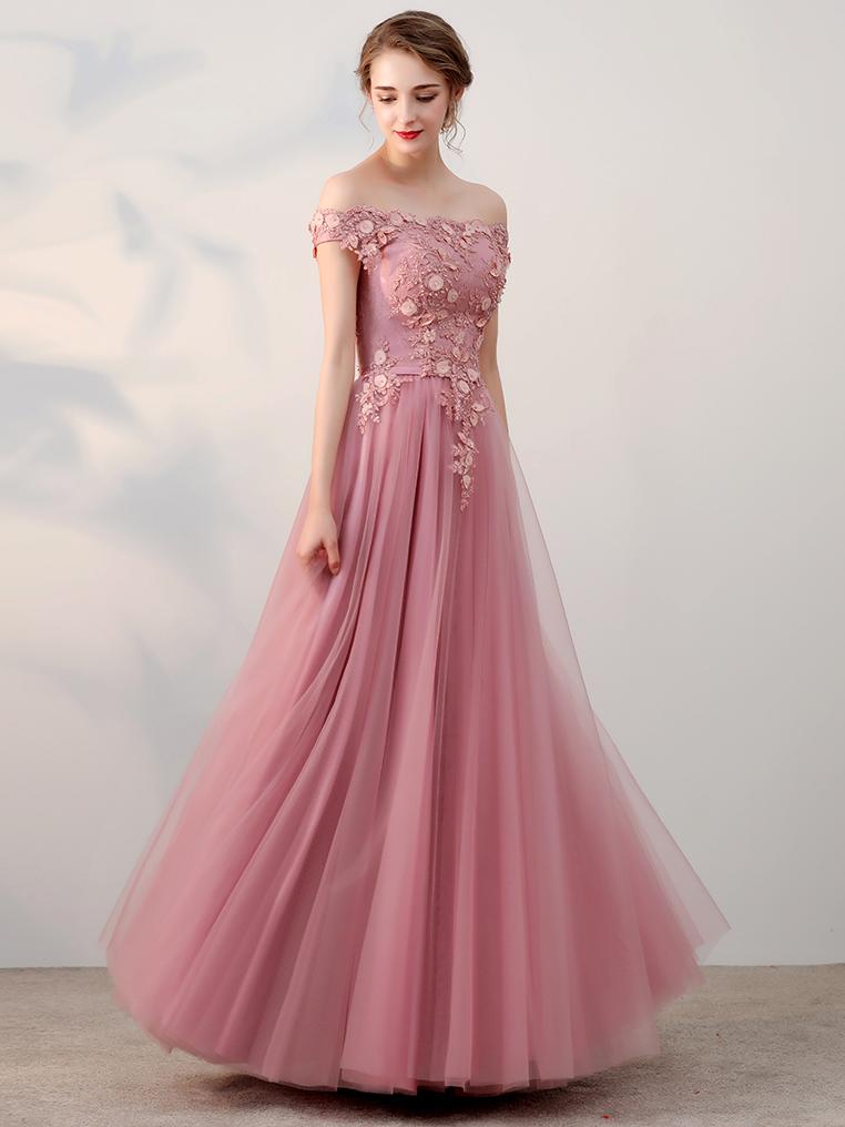 Modest Prom Dresses Off-the-shoulder Appliques A-line Long Tulle Prom