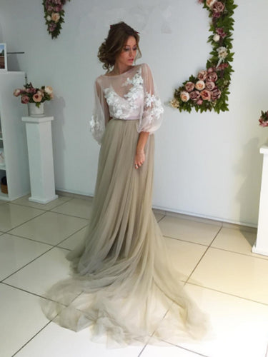 Sexy Prom Dresses Scoop Sweep Train Appliques Long Prom Dress Cheap Evening Dress JKL560