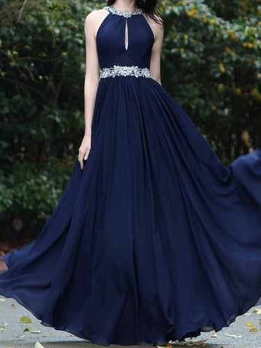 Cheap Prom Dresses Halter Floor-length Appliques Dark Navy Chiffon Sexy Prom Dress JKL561