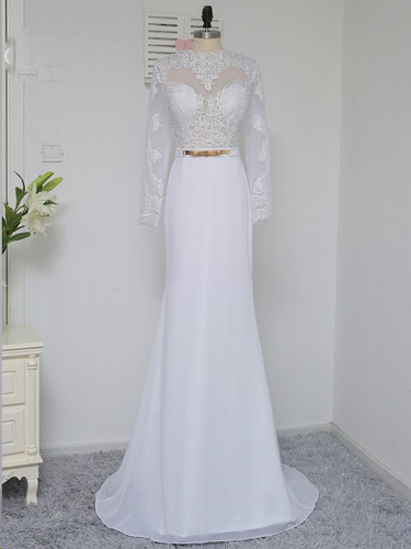 White Prom Dresses Scoop Short Train Appliques Chiffon Sexy Prom Dress JKL568