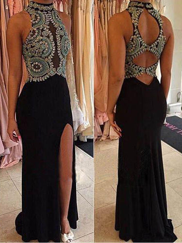 Black Prom Dresses High Neck Short Train Rhinestone Slit Prom Dress Long Evening Dress JKL574