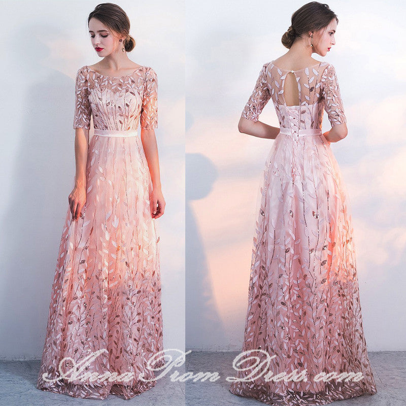 Pink Prom Dresses Scoop Aline Floor-length Lace Tulle Beautiful Prom Dress JKL580|Annapromdress