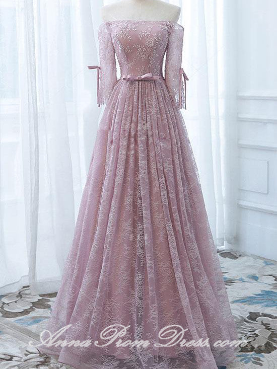 Long Prom Dresses Off-the-shoulder Aline Floor-length Lace Tulle Pink Prom Dress JKL584