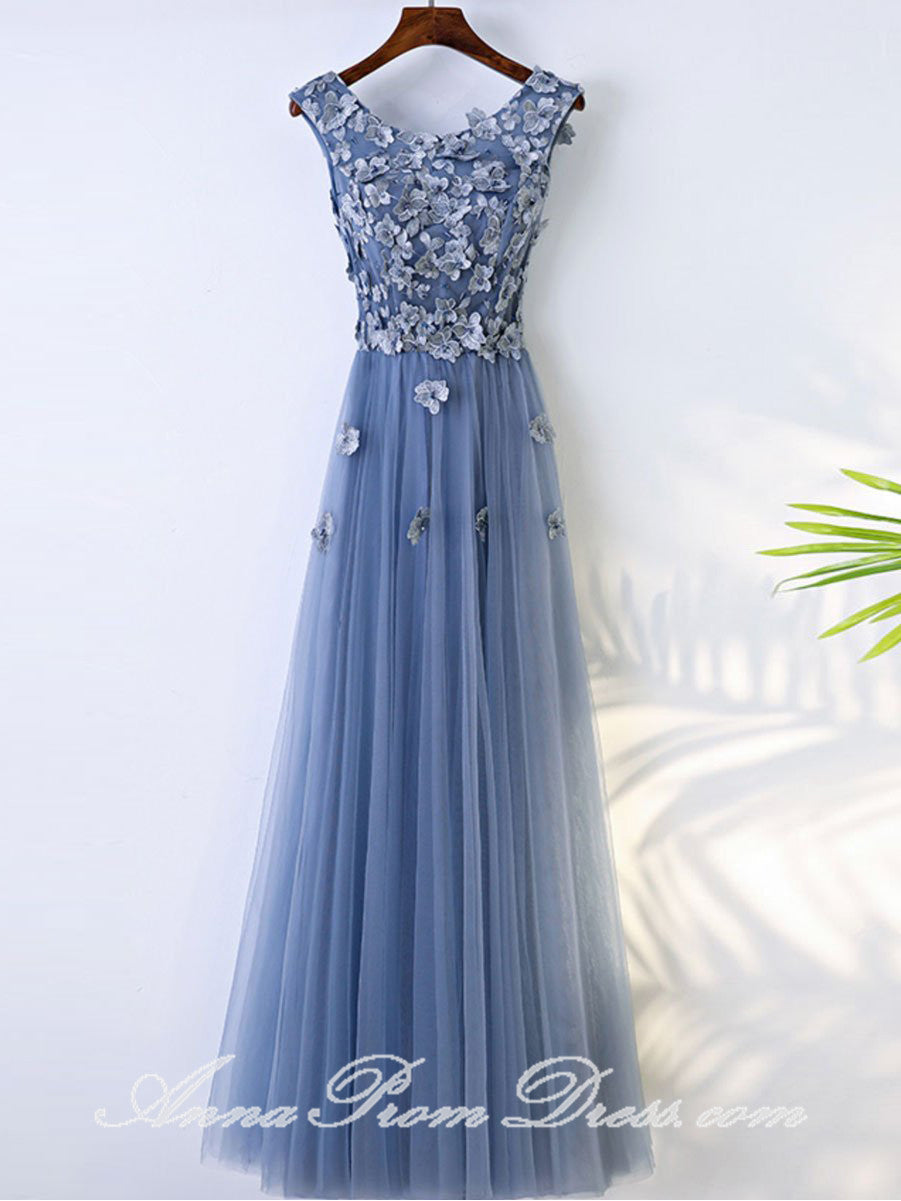 Long Prom Dresses Scoop A Line Appliques Lavender Tulle Chic Prom Dress JKL585