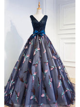 Beautiful Prom Dresses Ball Gown V Neck Lace Beading Bowknot Tulle Prom Dress JKL611