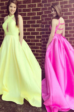 Cheap Prom Dresses A Line Brush Train Halter Daffodil Long Sexy Prom Dress JKL612