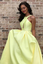 Cheap Prom Dresses A Line Brush Train Halter Daffodil Long Sexy Prom Dress JKL612