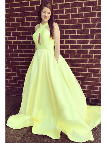 Cheap Prom Dresses A Line Brush Train Halter Daffodil Long Sexy Prom Dress JKL612