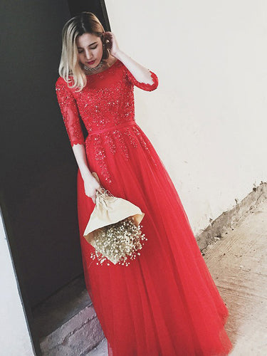 Red Prom Dresses Bateau Floor-length Appliques Lace-up Long Prom Dress Evening Dress JKL618