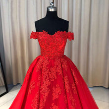 Ball Cown Prom Dresses Off-the-shoulder Sweep Train Long Red Prom Dress JKL632