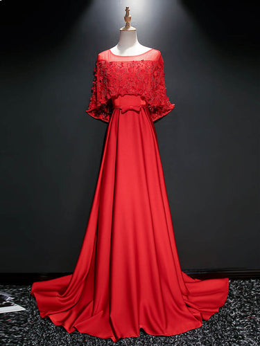 Red Prom Dresses A-line Scoop Sweep Train Satin Lace Beautiful Long Prom Dress JKL653