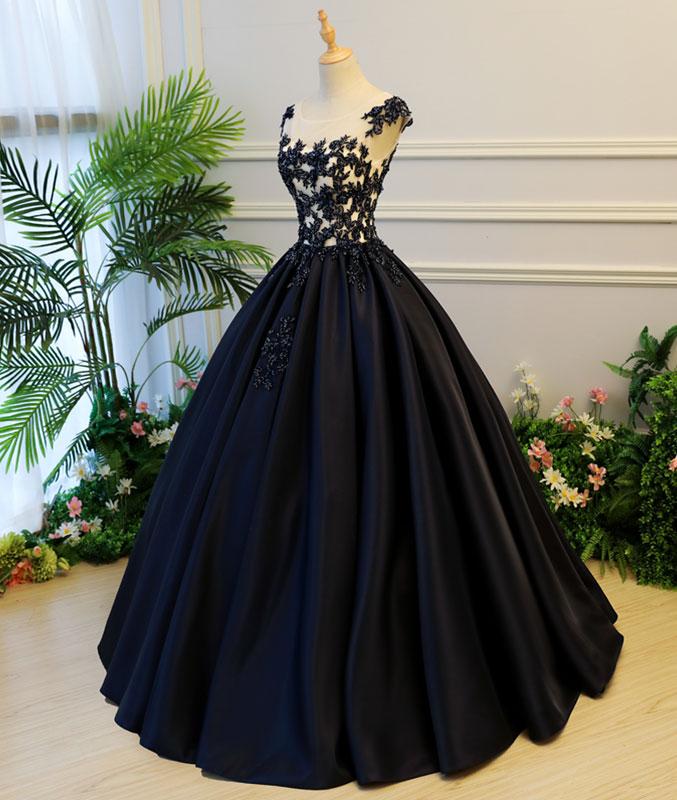 Ball Gown Long Sleeves Scoop Floor-Length Satin Beading Prom Dresses main image 0