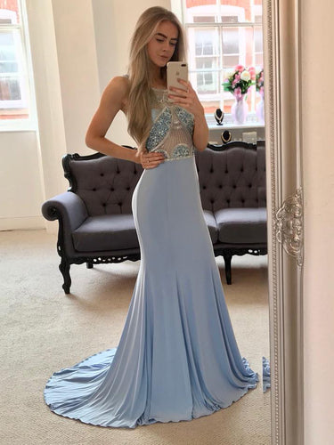 Sexy Prom Dresses Sheath Scoop Sweep Train Rhinestone Long Prom Dress Chic Evening Dress JKL684