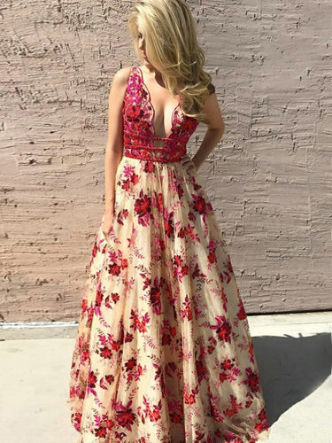 Lace Prom Dresses V-neck A Line Floor-length Red Floral Sexy Long Prom Dress JKL692