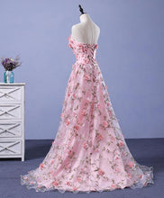 Pink Prom Dresses A-line Sweetheart Sweep Train Floral Print Long Lace Prom Dress JKL717