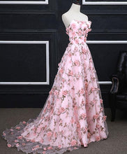 Pink Prom Dresses A-line Sweetheart Sweep Train Floral Print Long Lace Prom Dress JKL717