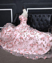 Pink Prom Dresses A-line Sweetheart Sweep Train Floral Print Long Lace Prom Dress JKL717