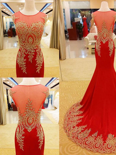 Mermaid Prom Dresses Scoop Sweep Train Long Red Prom Dress Sexy Evening Dress JKL728