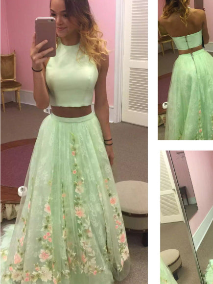Two Piece Prom Dresses Scoop Aline Short Train Lace Tulle Sage Prom Dress JKL735