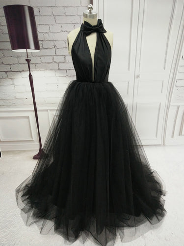Black Prom Dresses Halter Backless Bowknot Tulle Sexy Prom Dress JKL747
