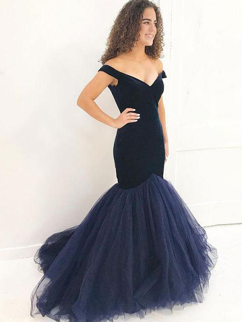 Mermaid Prom Dresses Off-the-shoulder Velvet Tulle Prom Dress Sexy Evening Dress JKL758