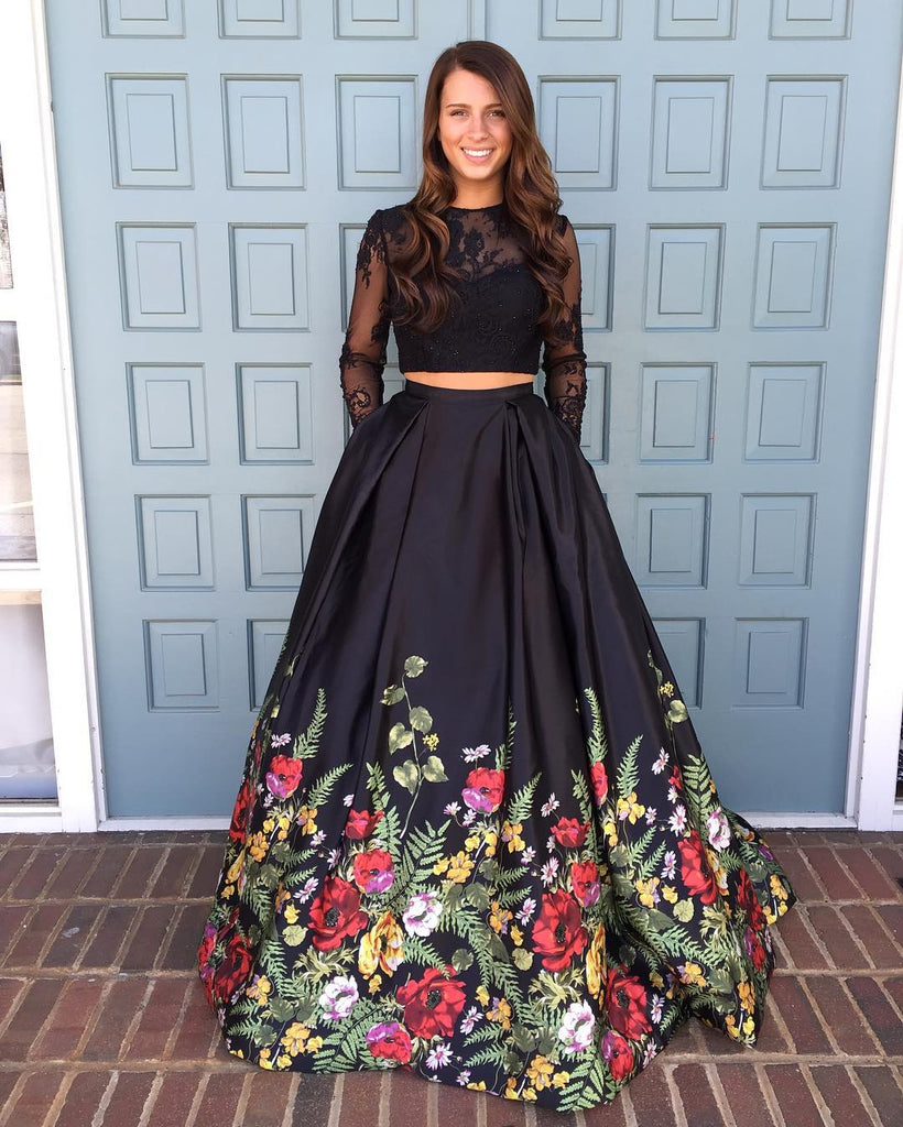 Two Piece Prom Dresses Lace Floral Print Black Prom Dress Sexy Evening Anna PromDress Two Piece Prom Dresses Lace Floral Print Black Prom Dress Sexy Evening Anna PromDress