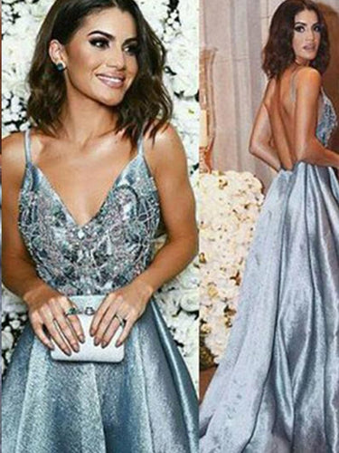 Backless Prom Dresses Spaghetti Straps A line Sexy Long Prom Dress JKL773|Annapromdress