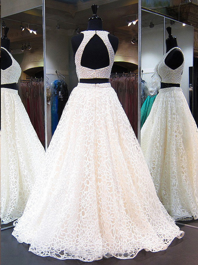 Two Pieces Scoop Floral Lace Top Prom Dresses with Pockets LBQ1607 main image 1