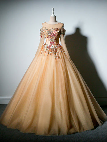 Ball Gown Prom Dresses Scoop Sexy Embroidery Long Tulle Prom Dress JKL775