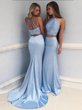 Two Piece Prom Dresses Halter Rhinestone Sexy Sweep Train Long Prom Dress JKL777
