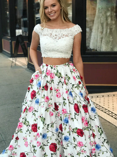 Two Piece Prom Dresses Bateau A-line Floral Print Chic Long Prom Dress JKL784|Annapromdress