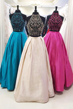 Two Piece Prom Dresses High Neck A-line Rhinestone Long Fuchsia Sexy Prom Dress JKL787|Annapromdress