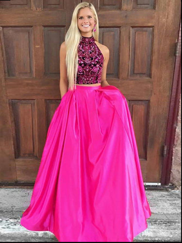 Two Piece Prom Dresses High Neck A-line Rhinestone Long Fuchsia Sexy Prom Dress JKL787|Annapromdress