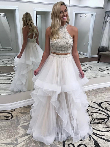Two Piece Prom Dresses High Neck A-line Rhinestone Long Prom Dress JKL809|Annapromdress