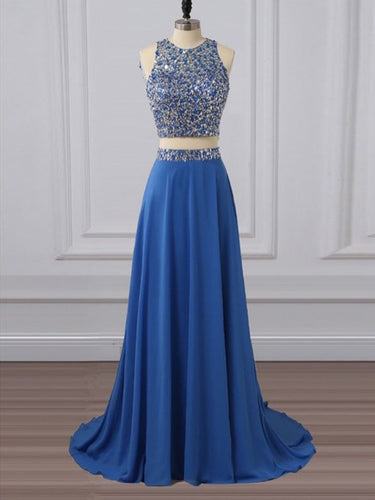 Two Piece Prom Dresses Scoop Sweep Train A Line Rhinestone Long Prom Dress JKL819|Annapromdress