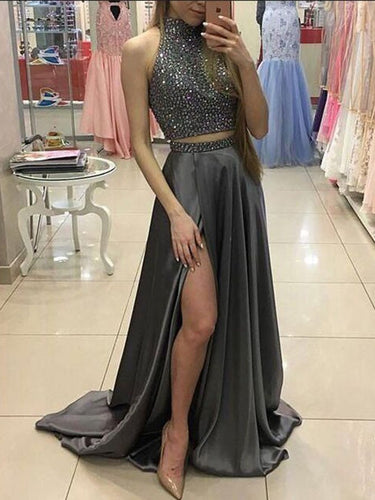 Two Piece Prom Dresses High Neck A-line Rhinestone Long Chic Prom Dress JKL855|Annapromdress