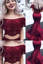 Two Piece Prom Dresses Mermaid Off-the-shoulder Lace Burgundy Prom Dress JKL857|Annapromdress