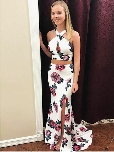 Two Piece Prom Dresses Halter Floral Print Long Mermaid Sexy Prom Dress JKL868|Annapromdress