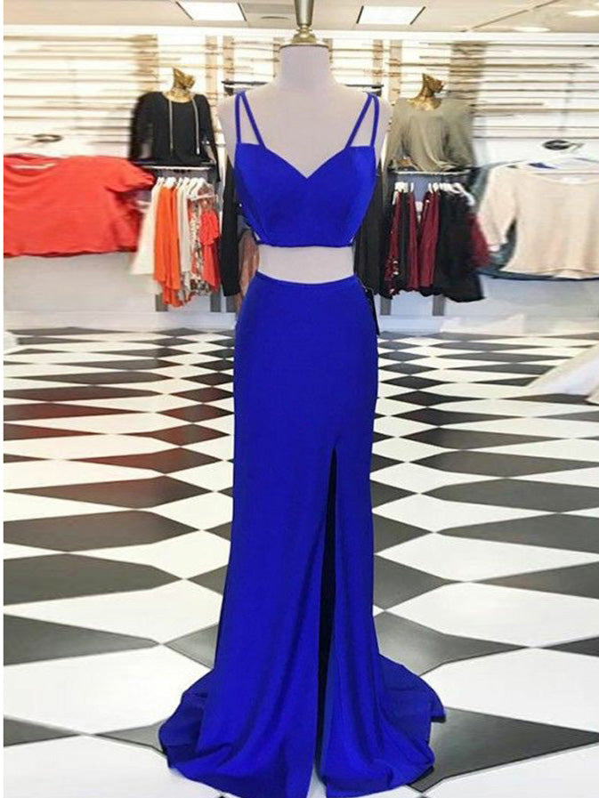 Two Piece Prom Dresses Spaghetti Straps Royal Blue Long Slit Cheap Prom Dress JKL870|Annapromdress
