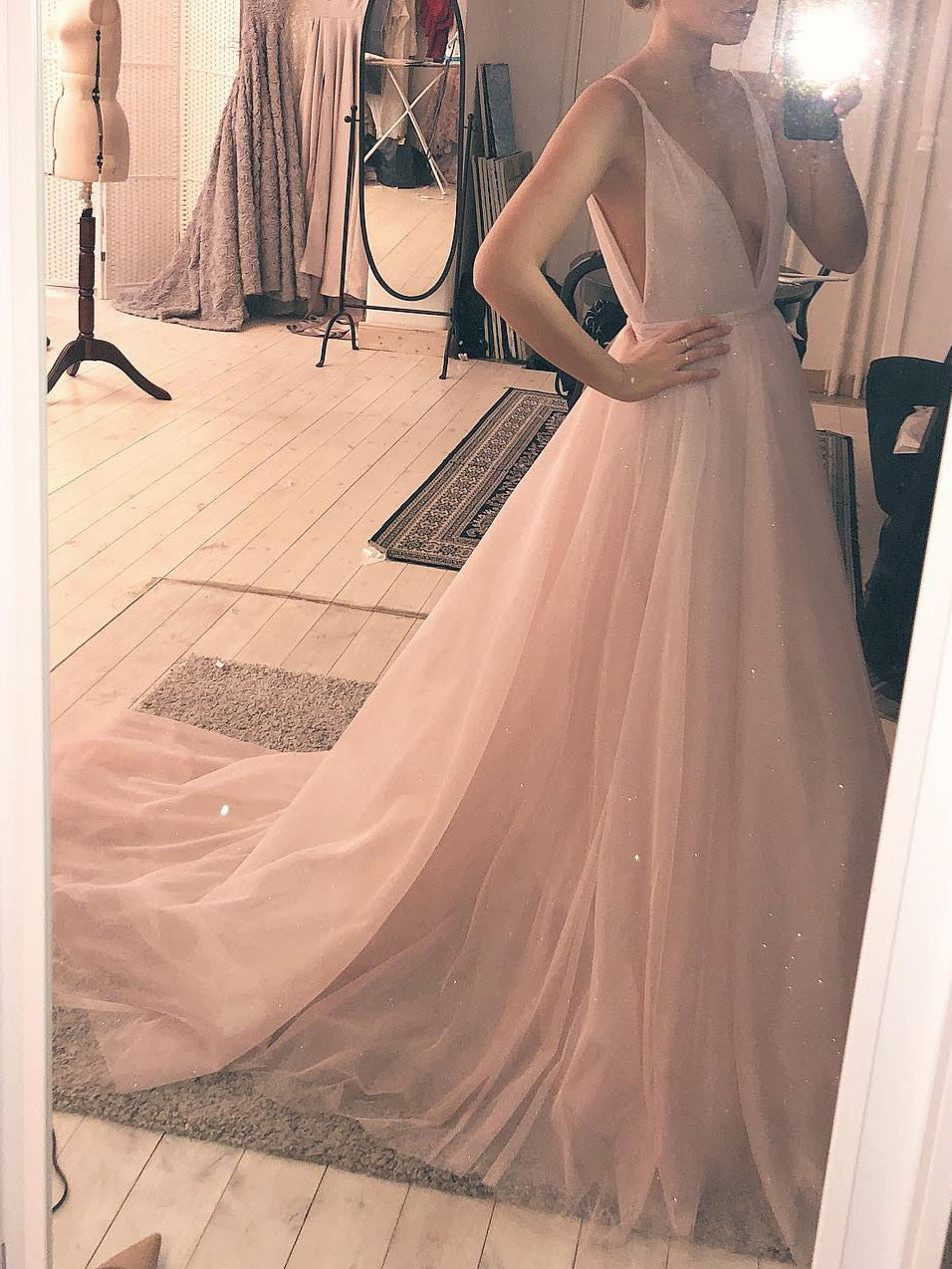 Long Prom Dresses V-neck A-line Sweep Train Beautiful Prom Dress JKL886|Annapromdress