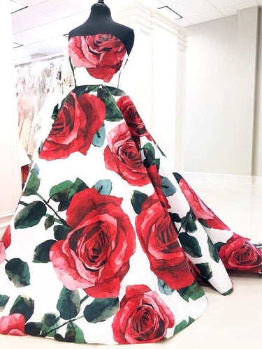 Ball Gown Prom Dresses Rose Floral Print Sweep Train Long Prom Dress JKL915|Annapromdress