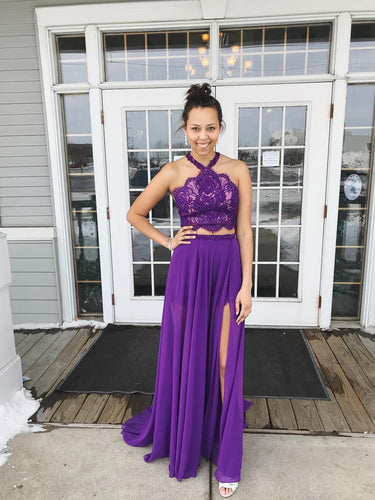 Two Piece Prom Dresses Halter A-line Floor-length Sexy Long Prom Dress JKL917|Annapromdress