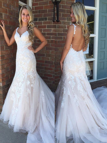 Mermaid Prom Dresses Straps Appliques Long Tulle Backless Prom Dress JKL948|Annapromdress