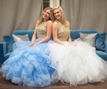 Two Piece Prom Dresses Scoop Floor-length Long Gold Fuchsia Chic Prom Dress JKL951|Annapromdress