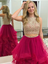 Two Piece Prom Dresses Scoop Floor-length Long Gold Fuchsia Chic Prom Dress JKL951|Annapromdress