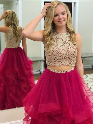 Two Piece Prom Dresses Scoop Floor-length Long Gold Fuchsia Chic Prom Dress JKL951|Annapromdress