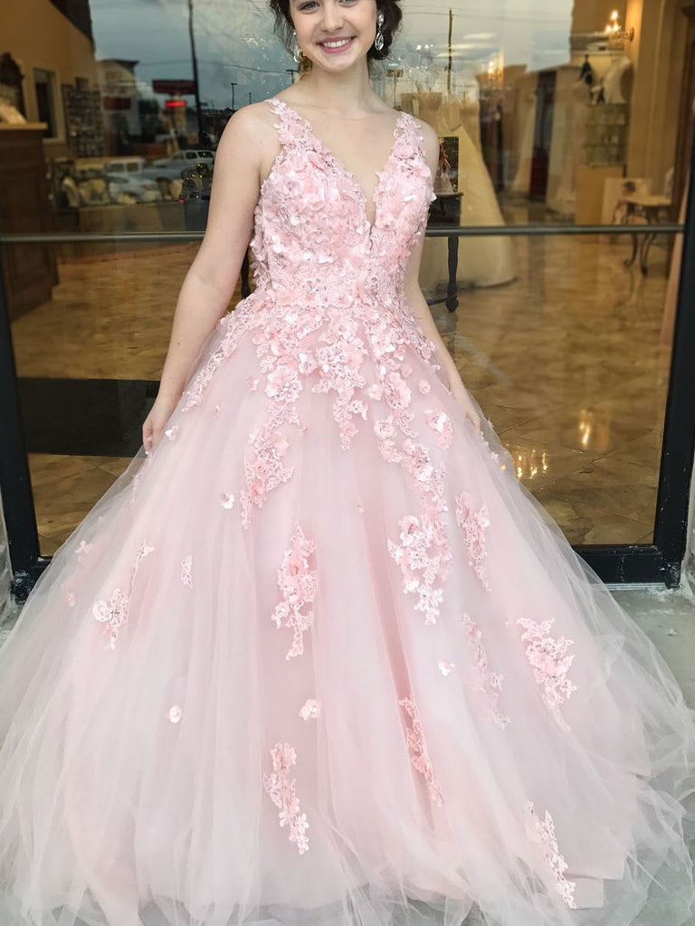 Pink V-Neck Double Straps Lace Appliques Sleeveless Long Prom Dress main image 1