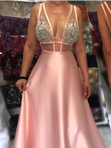 Open Back Prom Dresses Straps A-line Appliques Long Sexy Pink Prom Dress JKL974|Annapromdress